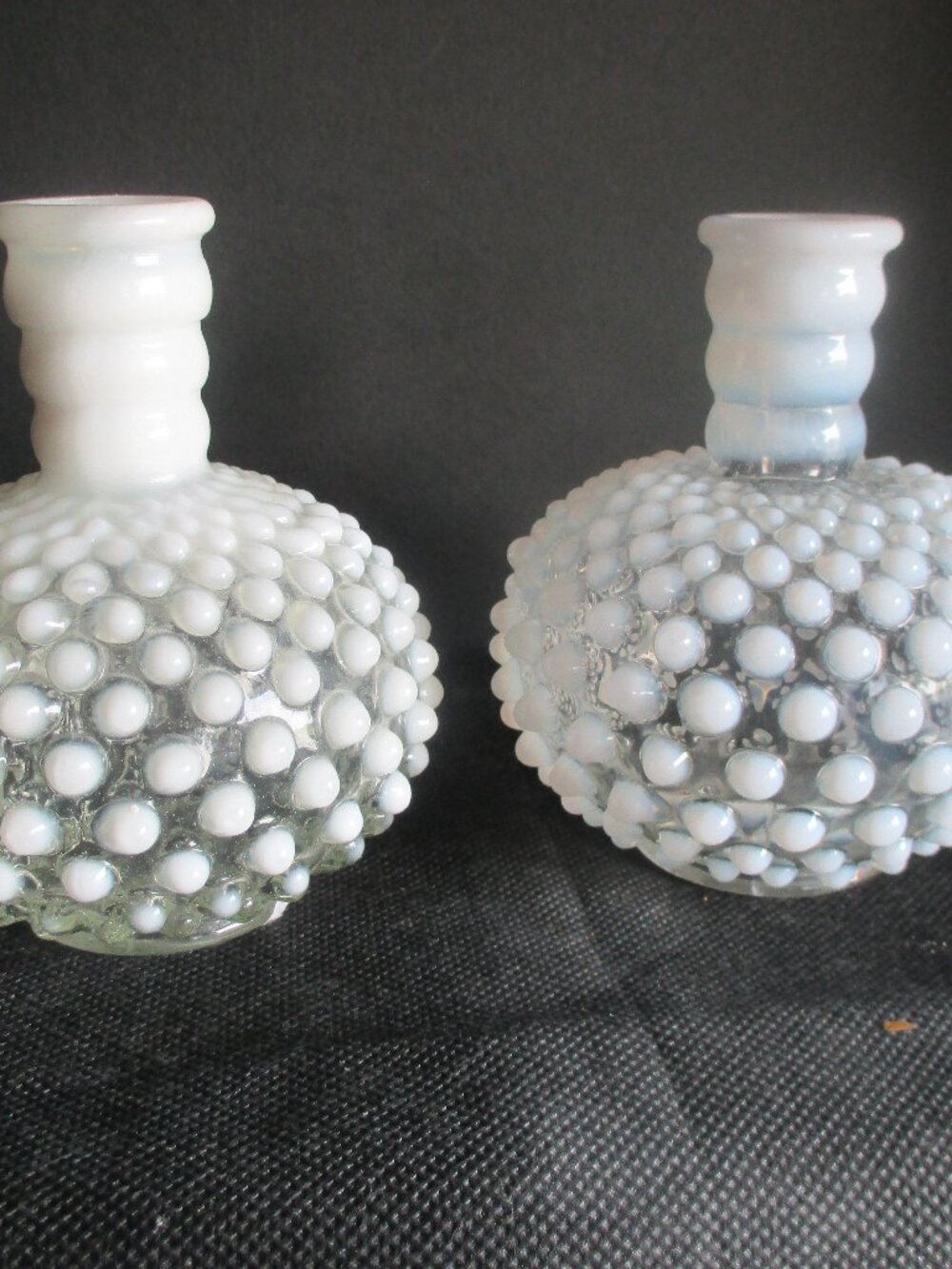 A PAIR OF VGT. FENTON MILK GLASS/MOONSTONE/BOTTLE/VASE/HOBNAIL